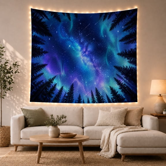 Aurora Forest Night Sky, Stars Above Pine Trees, Dreamy Celestial Style for Nature Lovers, Cosmic Wall Art, Housewarming Gift, Tapestry Wall Hanging for Bedroom and Dorm