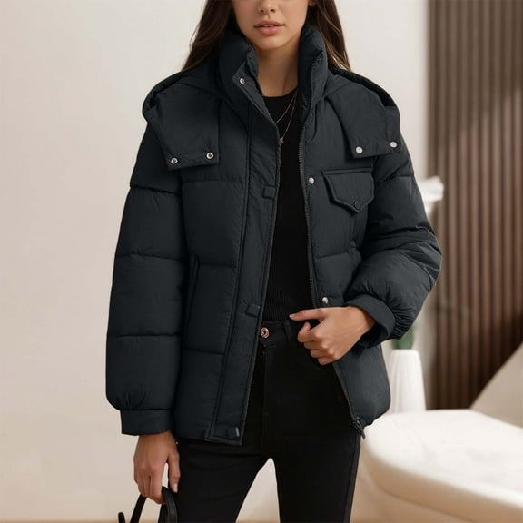 ZHOGXU Women's Hooded Coat With Pocket Long Sleeve Stand Collar Solid Color Zipper Comfortable Thickened Jacket For Casual Daily Wear Black L