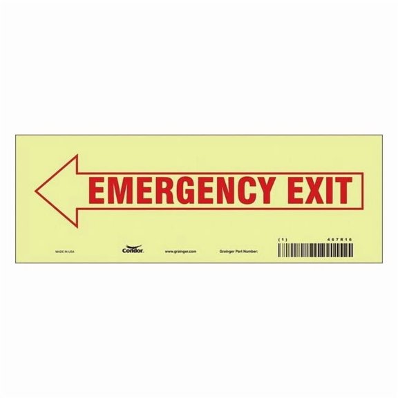 Condor Exit Sign, Vinyl, 10" W, 3-1/2" H, EMERGENCY EXIT W/SYMBOL, White 467R16