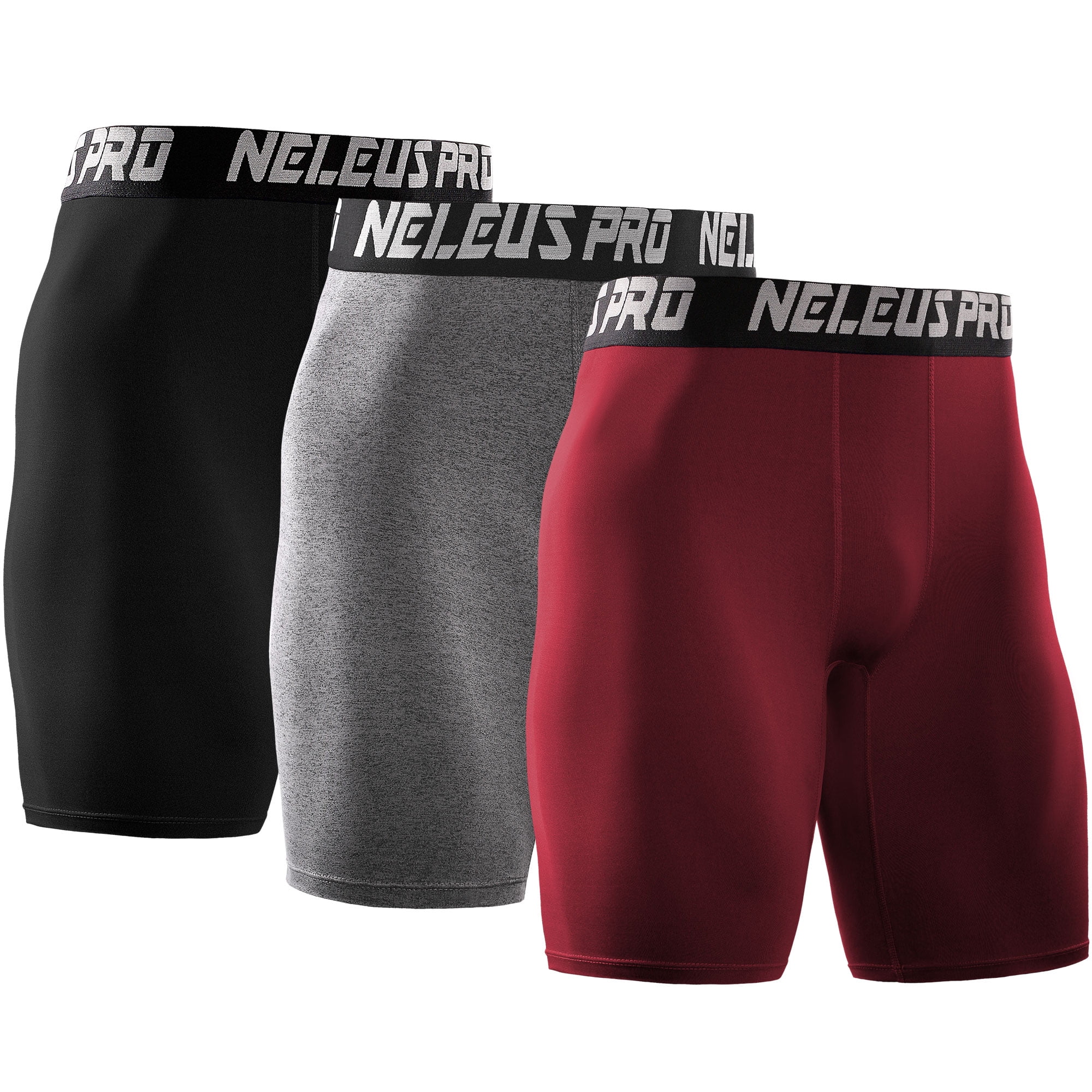 NELEUS Men's Performance Compression Shorts Athletic Workout Underwear 3 Pack,Black+Gray+Red,US