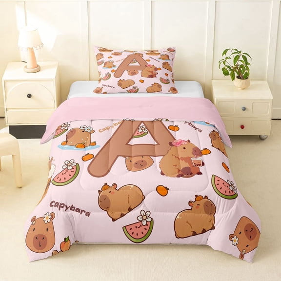 Erosebridal Kawaii Capybara Letter Monogrammed A Twin Comforter Sets 3-Piece For Boys Girls,Cute Food Fruit Food Animal Bedding Set For Kids,Pink Reversible
