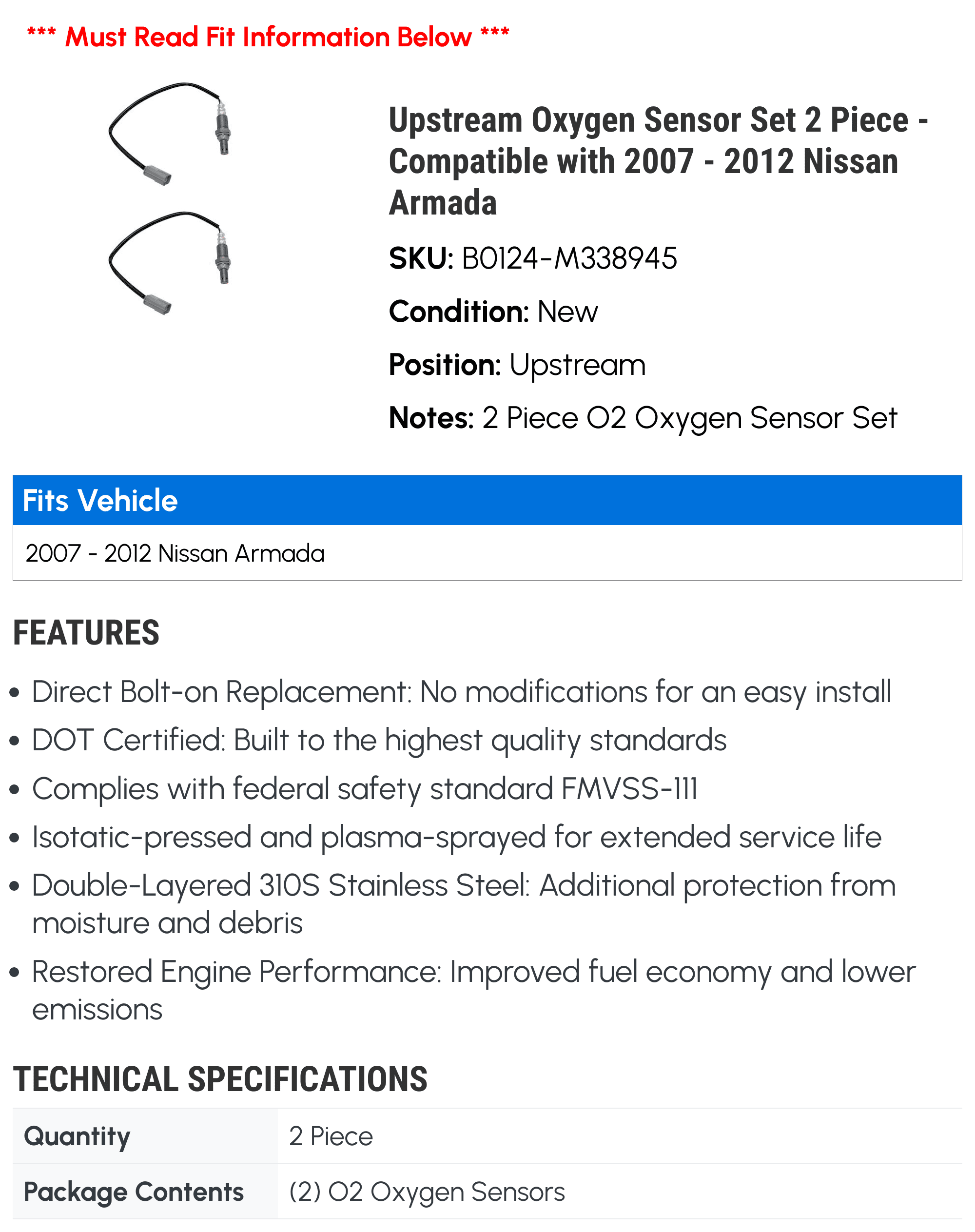 Upstream Oxygen Sensor Set 2 Piece - Compatible with 2007 - 2012 Nissan Armada 2008 2009 2010 2011