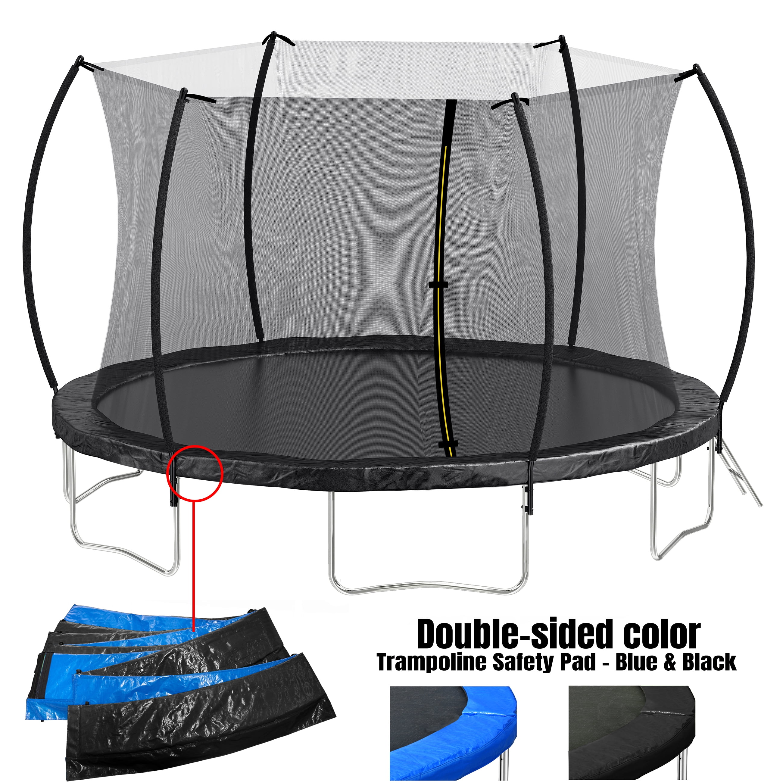 Witaxima 14FT Trampoline with Enclosure Net, Double-Sided Color Pad (Black/Blue), 72 Galvanized Springs, Curved Fence Pole & Ladder for Kids and Adults, Arc-Shaped Design