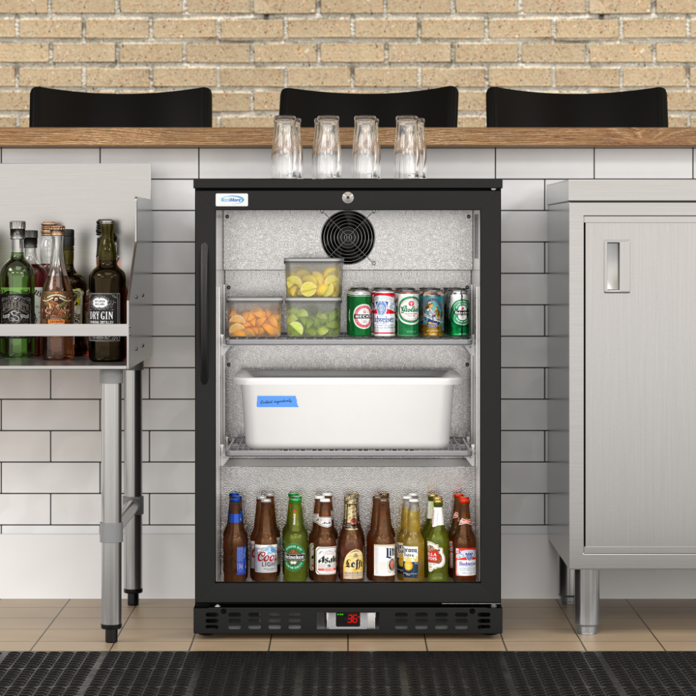 4.1 Cu. Ft. Stainless Steel Back Bar Cooler Counter Height Beverage Refrigerator with Glass Swing Door and LED Lighting in Black (Office or Commercial)