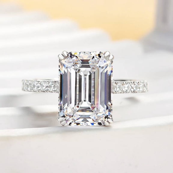 Veda Jewel 2.1 Ct Emerald Cut Lab-Created Diamond Engagement Ring for Women - 14K White Gold Plated Solitaire with Accent - Double Prong Setting Wedding or Proposal Gift Jewelry