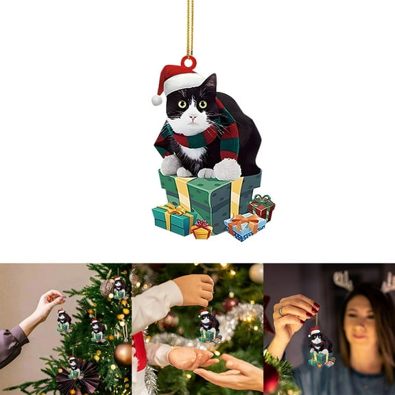 Cute Cat Car Mirror Hanging Accessories - 2D Flat Christmas Kitten Ornament Decoration Car Interior Rearview Pendant