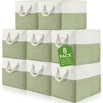 8 Pack Collapsible Storage Bins Fabric Storage Bins Polyester Fabric Storage Baskets with Handles Linen Closet Organizer for Shelf Home Closet Towels Toys (Green White,15 x 11 x 9.5 in)