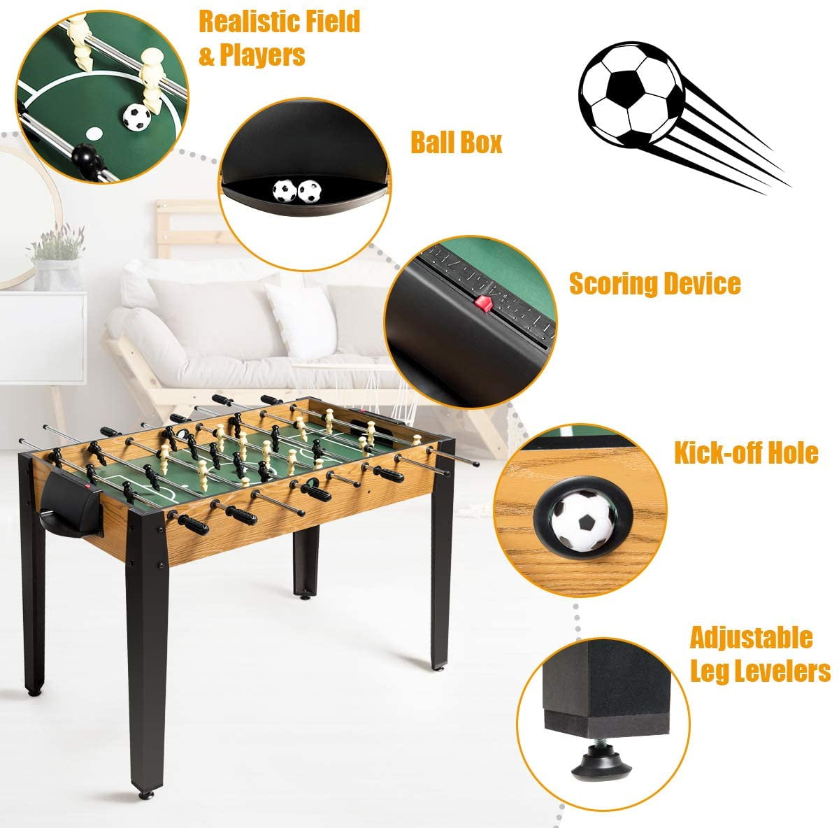 Foosball Game Table for Adults & Kids Indoor Game Room DORTALA 48 Foosball Table Competition Sized Wooden Soccer Foosball Table with 2 Balls Bar Football Table for Home 