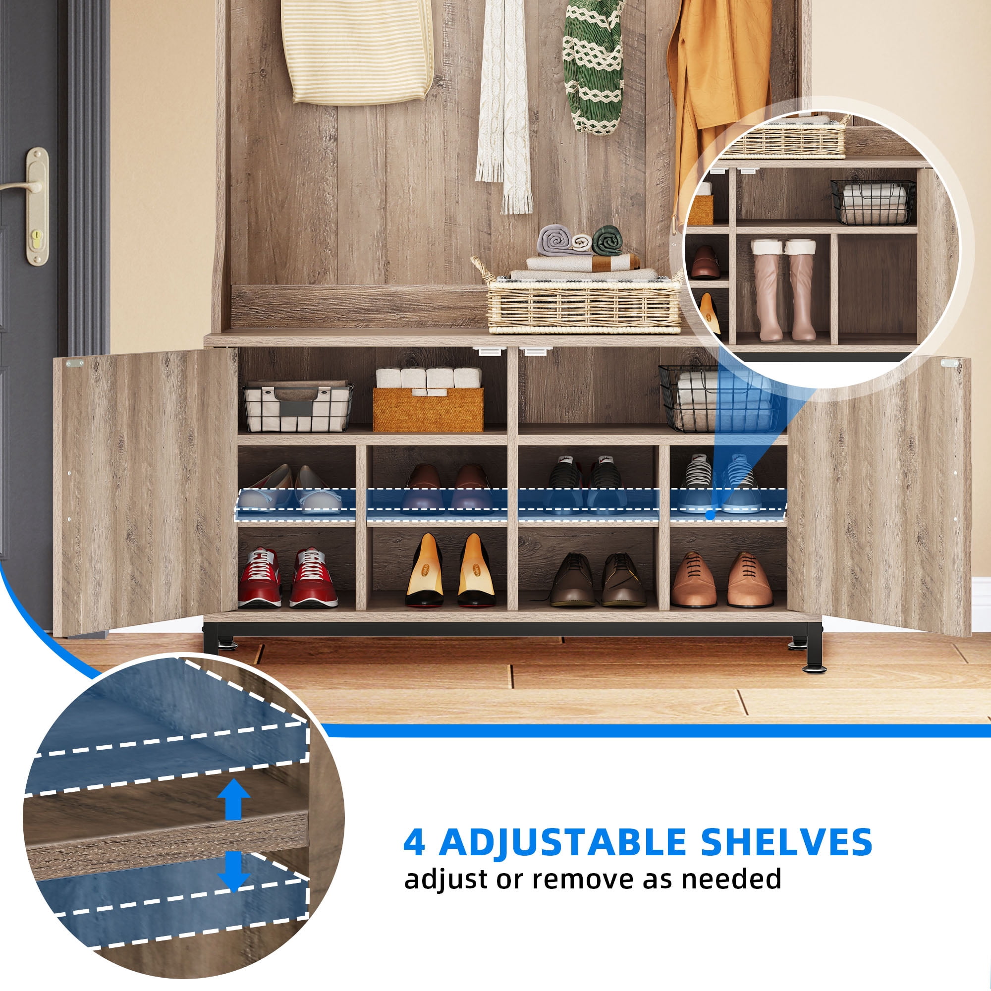Uforic 4-in-1 Coat Rack with 14 Hooks, Farmhouse Hall Tree with Storage Bench, Shoe Cabinet for Hallway, Living Room, Rustic Oak