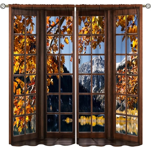 Autumn Scenery Curtains, Maple Leaves Fallen Leaves Forest Snow Mountain Window Treatments for Bedroom Kitchen Living Room Drapes 2 Panels Rod Pocket 84x84 Inch