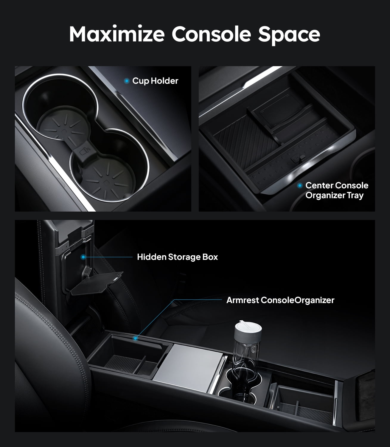 Wigoo Center Console Organizer for Tesla Model Y Juniper - Only Premium & Performance 2025 2026 & All Model 3 Highland Accessories, Double-Layer Storage, Smooth Sliding, 4PCS Black