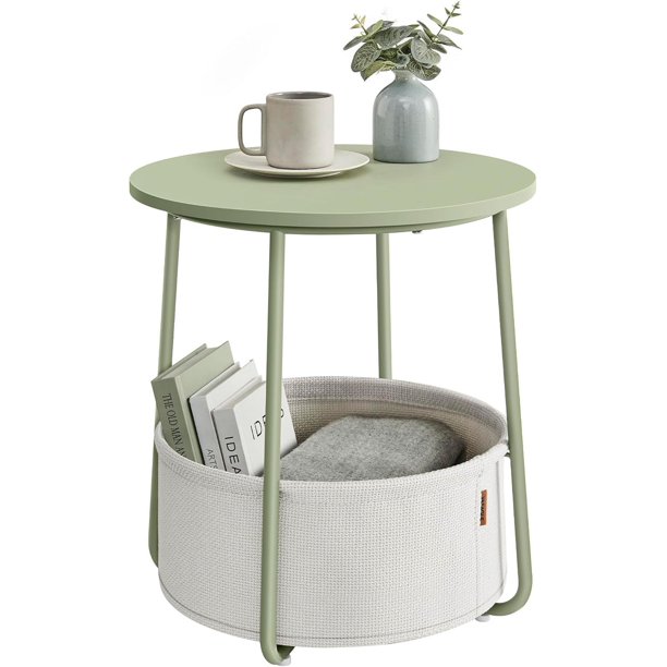 Mesa Lateral Redonda con Cesta de Tela, Mesita de Noche, Estilo Moderno, Estructura Resistente, Blanco Crema MLET223K67