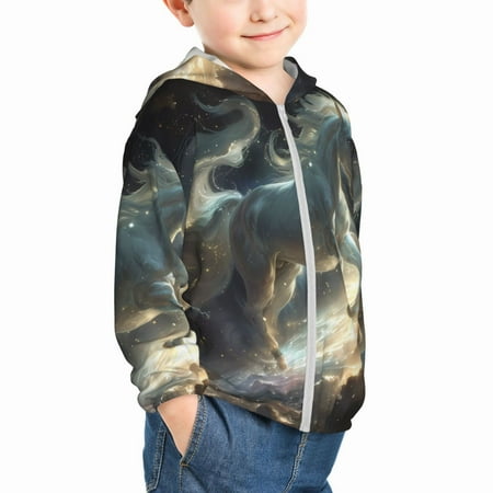 

Uemuo Space White Horse Pattern Rash Guard for Boys Girls Long Sleeve Swim Shirts UPF 50+ UV Sun Protection Hooded Fishing Shirt with Pocket for Kid-5 Years