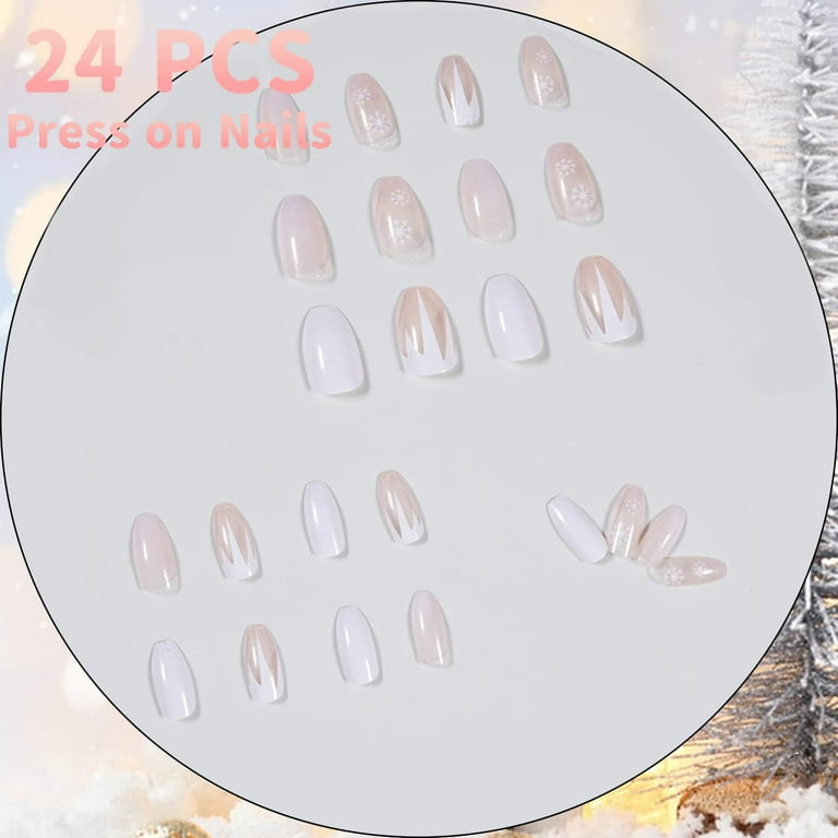 LICILICI Press on White Snowflake Coffin Fake Christmas False Full Cover Acrylic Nails for Women and Teen Girls, Size: Long