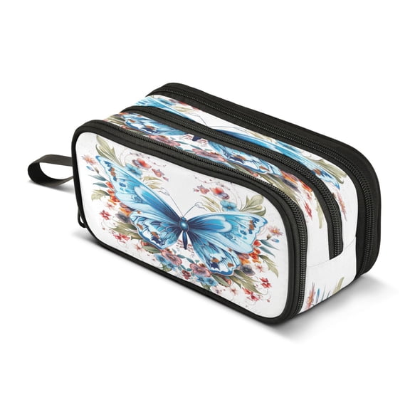 ALAZA Floral on A Blue Butterfly Pencil Case Bag 3 Compartment Pen Pouch Large Storage Holder Box Organizer