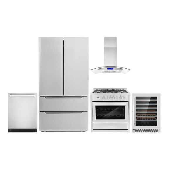Cosmo 5 Piece Kitchen Appliance Packages with 36" 220/240V Dual Fuel Range 36" Island Range Hood 24" Built-in Fully Integrated Dishwasher French Door Refrigerator & 48 Bottle Wine Refrigerator