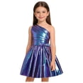 thumbnail image 3 of Raenseen Girls Shiny Party Dress With Belt One Shoulder A Line Summer Dress Patent Leather Look Modern Jazz Dance Outfits Blue 6, 3 of 7