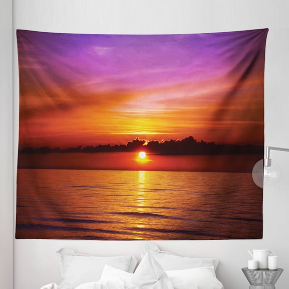 Romantic Tapestry, Romantic Sunset on the Beach Sun Rays Reflection on the Sea Colorful Sky Picture, Fabric Wall Hanging Decor for Bedroom Living Room Dorm, 5 Sizes, Orange Purple, by Ambesonne
