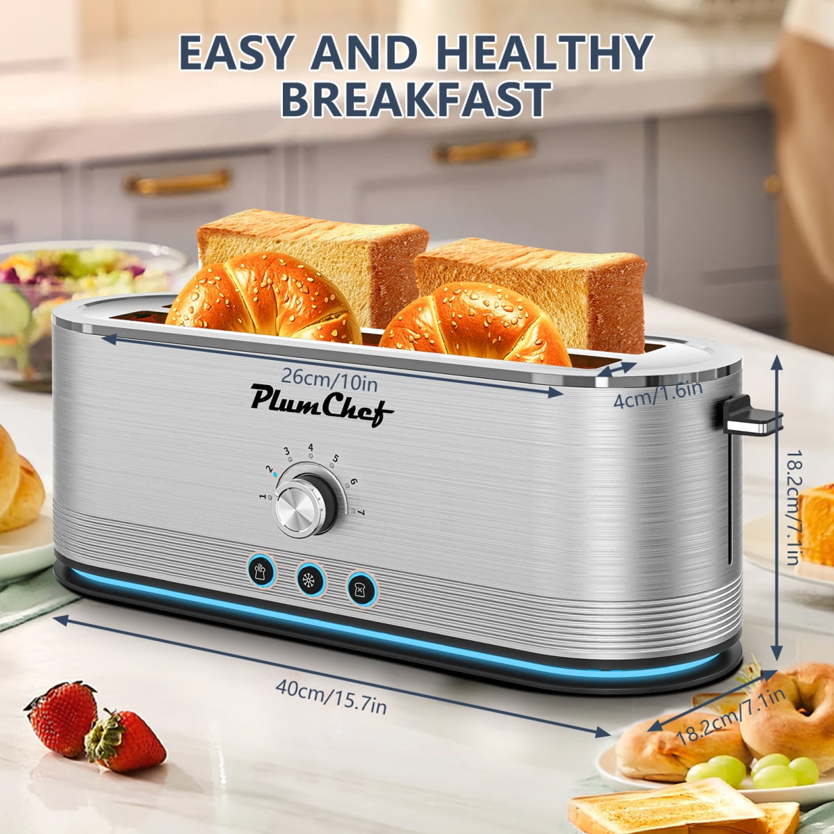 4-Slice Toaster, 7 Browning Settings, Defrost/Reheat Functions, Removable Crumb Tray, Full body Stainless Steel Housing 1350W,Anti-Fingerprint  Anti-Jam stainless steel