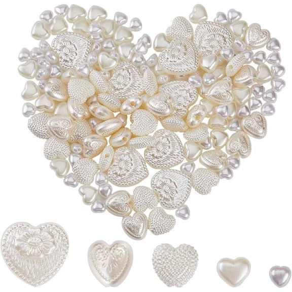 1 Box 300Pcs 5 Styles Plastic Pearl Beads Acrylic Pearls Beads White Heart Flower Imitation Pearl Valentine Aesthetic Beads for Jewelry Making Bracelets Necklaces Accessories DIY Crafts