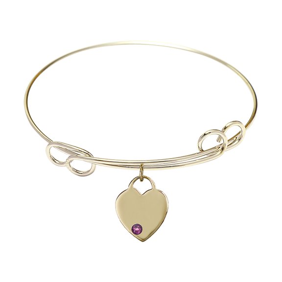 7 1/2 inch Round Double Loop Bangle Bracelet w/ Heart medal charm w/ February Purple Swarovski Crystal