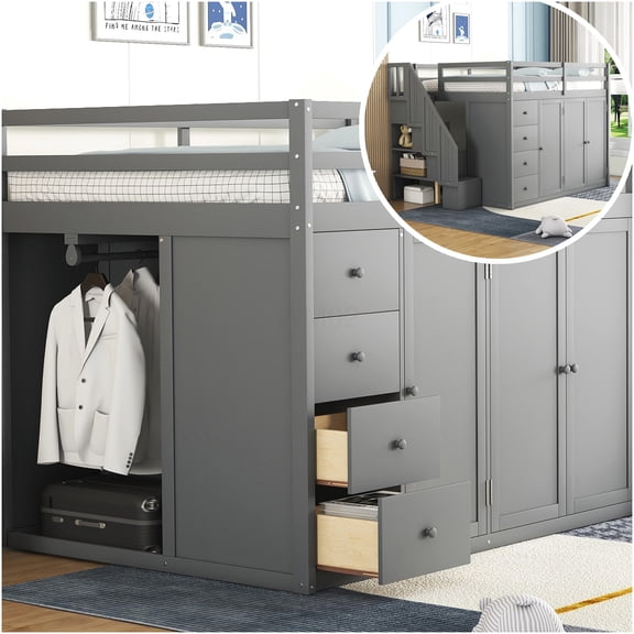 Gray Full Size Loft Bed with Wardrobe & Drawers, Space Saving Solid Wood Storage Bed with Stairs