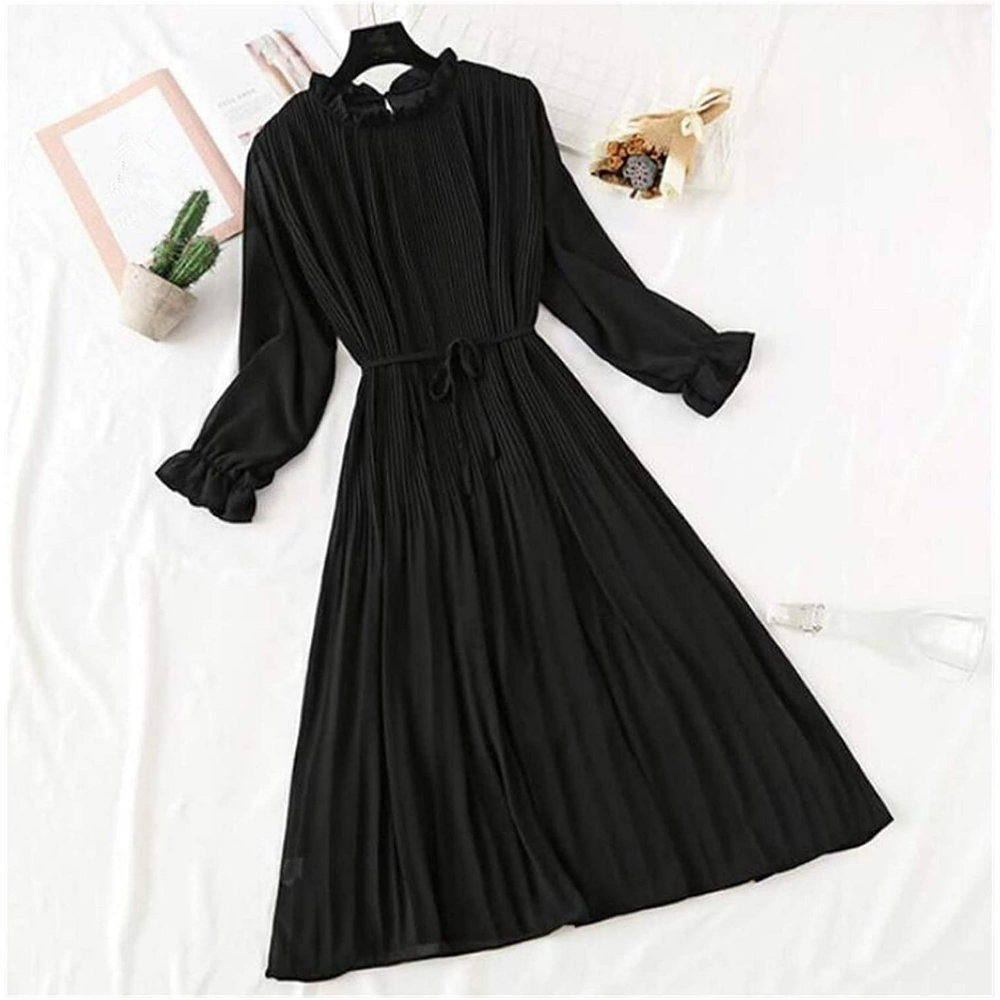 Attoe Women Print Pleated Chiffon Dress 2020 Spring Summer New Hot Fashion Female Casual Flare Sleeve Lotus Leaf Neck Basic Dresses Color Solid Bla