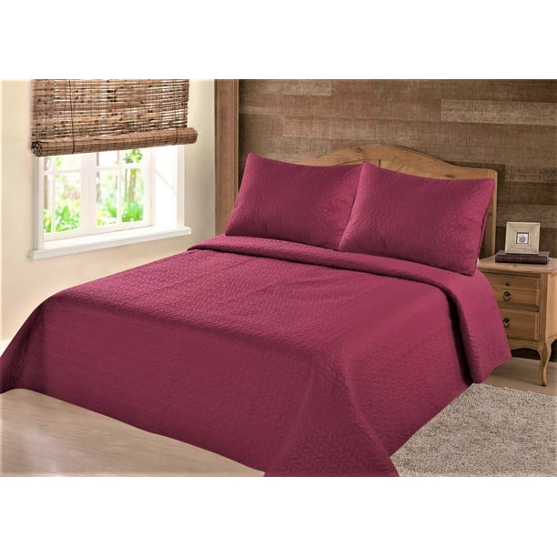 JACKY BURGUNDY QUEEN 3 Piece MODERN EMBOSSED Solid Bedspread Coverlet