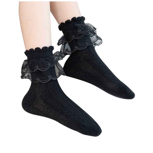 FAIWAD 3 Pair Girls Cotton Lace Socks Ruffle Frilly Princess Mid-Length Socks Solid Color Breathable Crew Socks