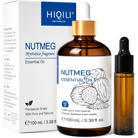 HIQILI Pure Nutmeg Essential Oil, 100mL, 100% Natural or Aromatherapy Diffuser Massage Relaxation