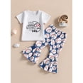 thumbnail image 2 of Toddler Baby Girls Summer Outfits Letter Print Short Sleeve T-Shirt and Baseball Print Elastic Flare Pants Set, 2 of 7