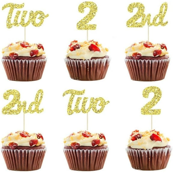 12pcs Two Cupcake Toppers Glitter 2nd Birthday Baby Shower Anniversary Second Birthday Party Cake Decorations Supplies （Gold）