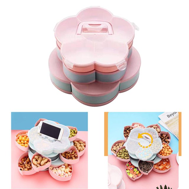 Caja de dulces giratoria tipo flor creativa, bandeja de almacenamiento de aperitivos de plástico, caja de de partición de aperitivos familiare 3 capas Soledad contenedores de almacenamiento de dulces