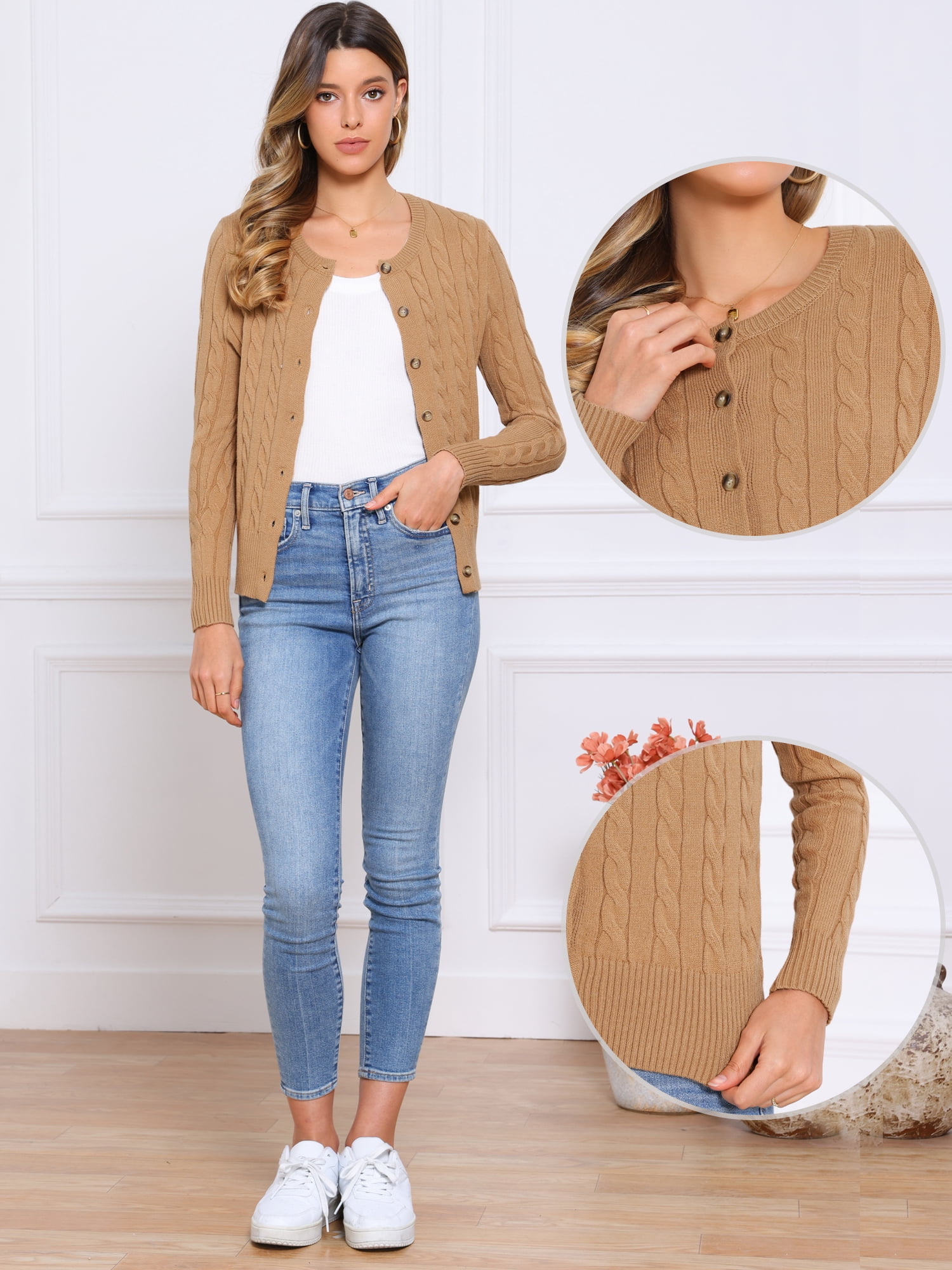 DARING DIVA Women's Cable Knit Button Down Long Sleeve Cardigan Sweater S Light Brown