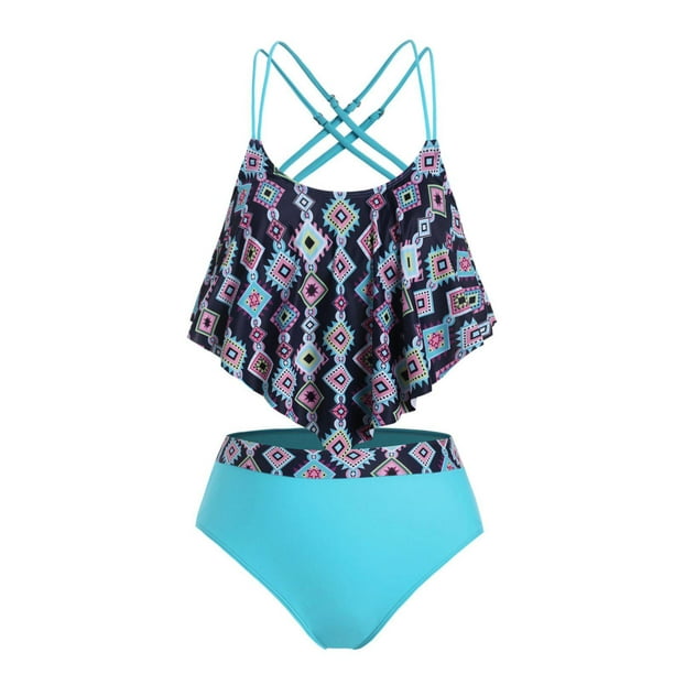 Más el tamaño de la geometría rizada superposición de baño tankini Rosegal Vestidos Estampados Tallas Grandes