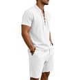 thumbnail image 4 of Mens Linen 2 Piece Set Short Sleeve Retro Medieval Viking Lace Up Henley Pirate Shirt and Shorts Summer Distressed Vacation Outfits White, 4 of 8