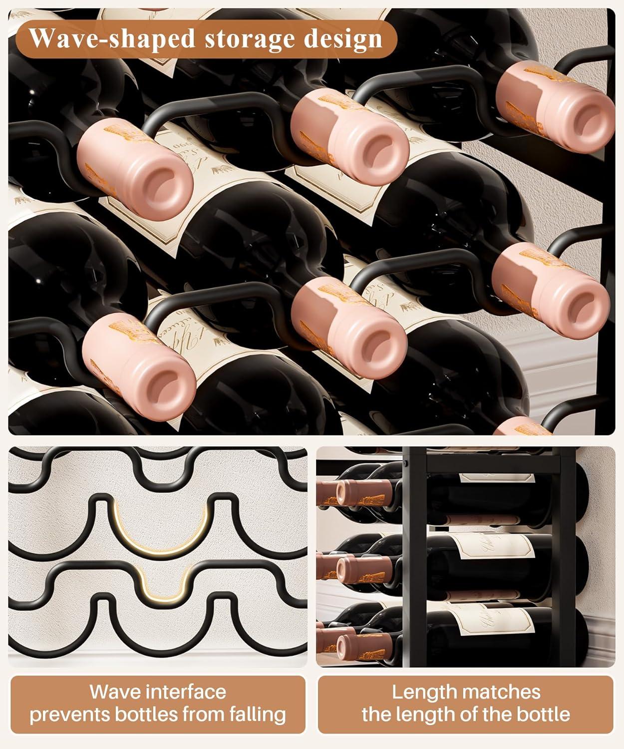 Wine Rack Freestanding Floor, Alcohol Organizer Stand Mini Bar Table Cabinet with Glass Holding Tabletop, 15 Bottles Liquor Storage for Office, Kitchen Dining Living Room