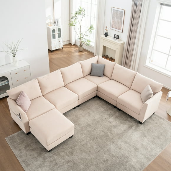 LHYY Canapé Modulaire Combiné, Grand Canapé Combiné, Canapé en U avec Pouf de Rangement et ports USB, Grand Canapé d'Angle Moderne, Convient au Salon, Canapé beige 6 Places, 122,8 Pouces (beige)