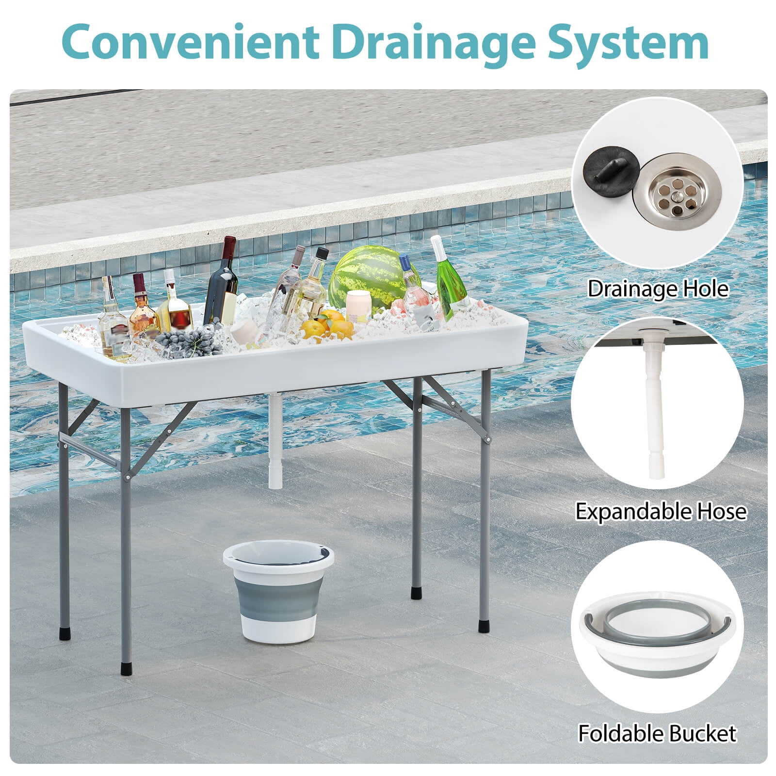 Costway 4 Foot Ice Cooler Folding Table Outdoor Portable Ice Bin Table with Large Sink