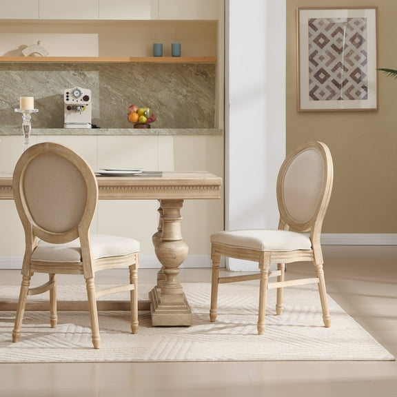 French Country Dining Chairs Set of 2, Hand-Carved Wood & Upholstered Design, Easy-Disassemble & Stackable Dining Chairs for Home & Restaurant Use, Beige