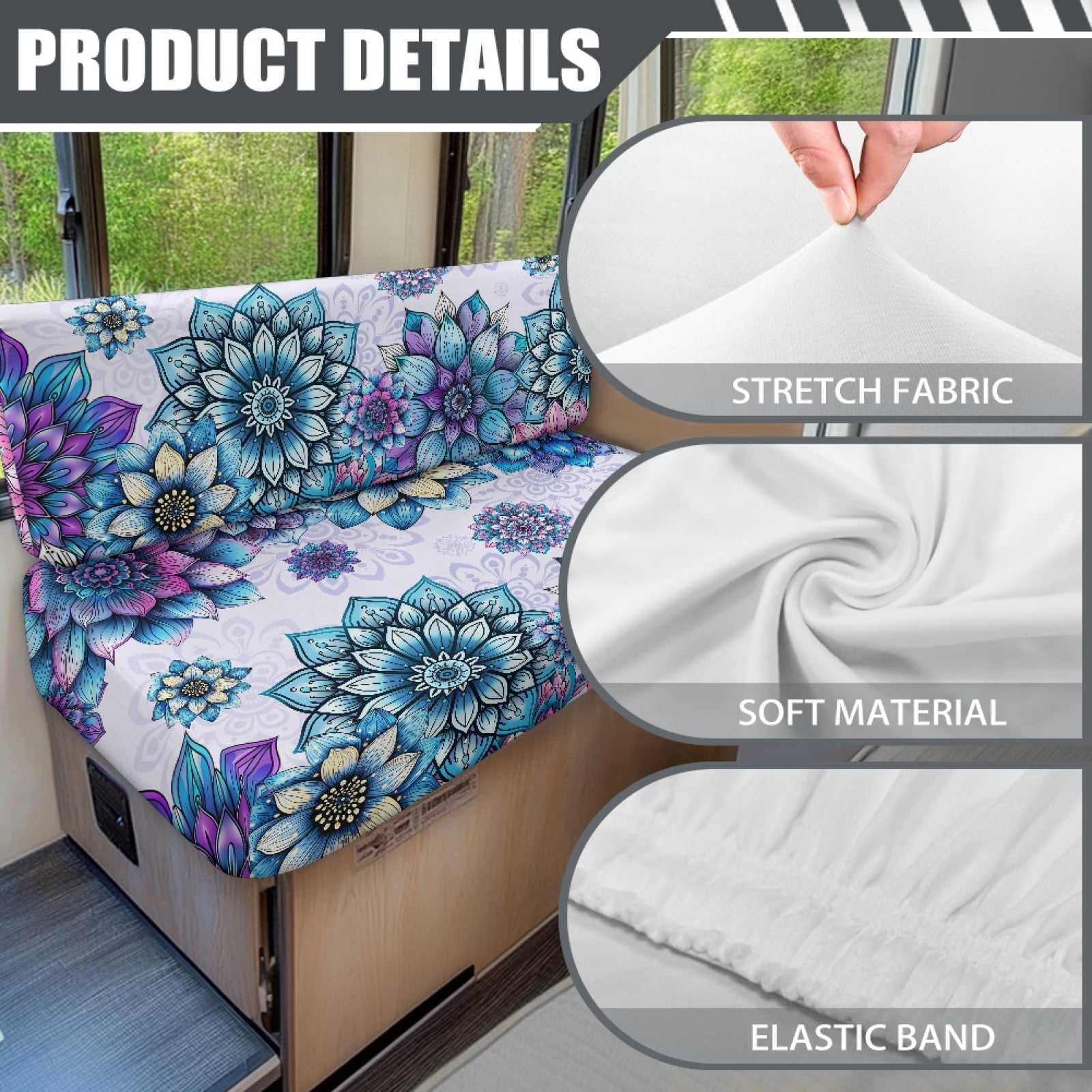FORUDESIGNS Boho Mandala Flower Print RV Dinette Cushion Covers Wear-Resistan Camper Seat Covers Dinette Booth Stretch RV Couch Cover Include 1 Backrest Covers and 1 Bench Covers