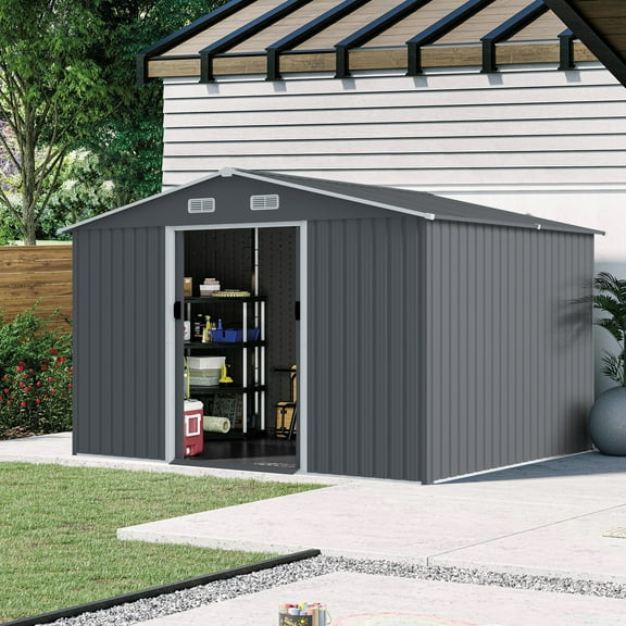 Witaxima 8 x 10 FT Large Metal Outdoor Storage Shed, Heavy Duty Grey Tool Shed with Sliding Doors & Air Vent for Backyard, Patio, Lawn to Store Bikes, Tools, Lawnmowers