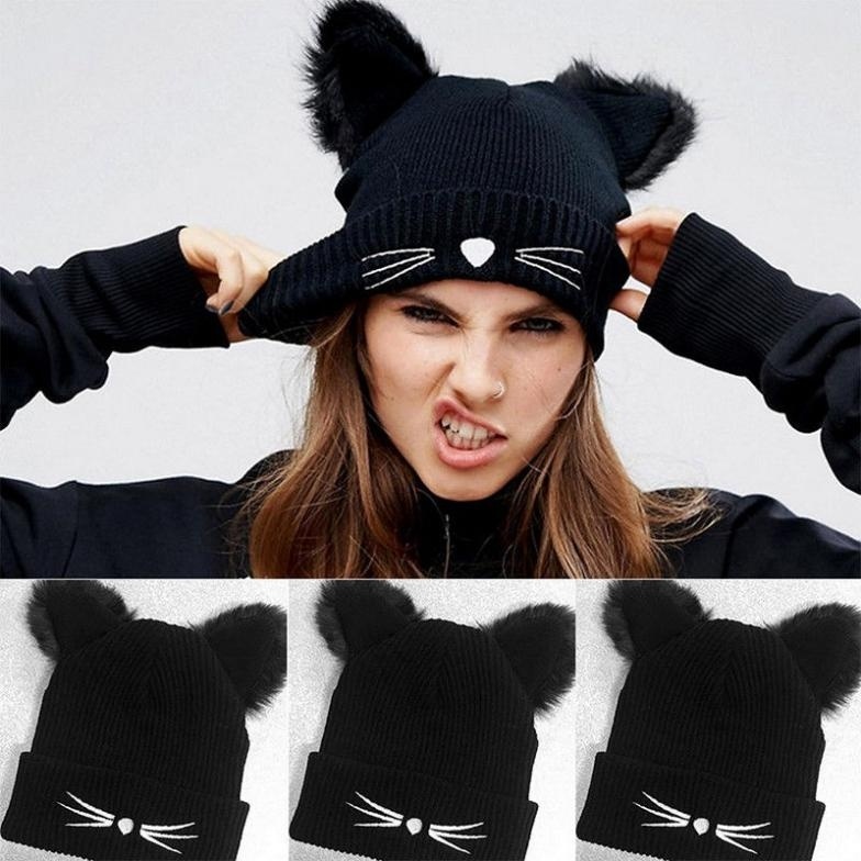 Women Devil Cat Ear Knit Beanie Hat Cap 
