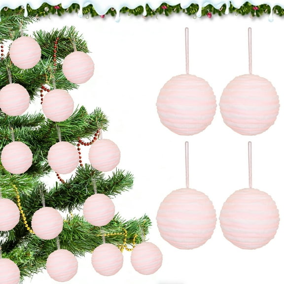 4-Pack Spirit Pink Christmas Ball Ornaments, 4" Large Shatterproof Foam Baubles with Pink & White Striped Design, Hanging Xmas Tree Decorations for Home Decor, Wedding, Holiday Party,Seasonal Display