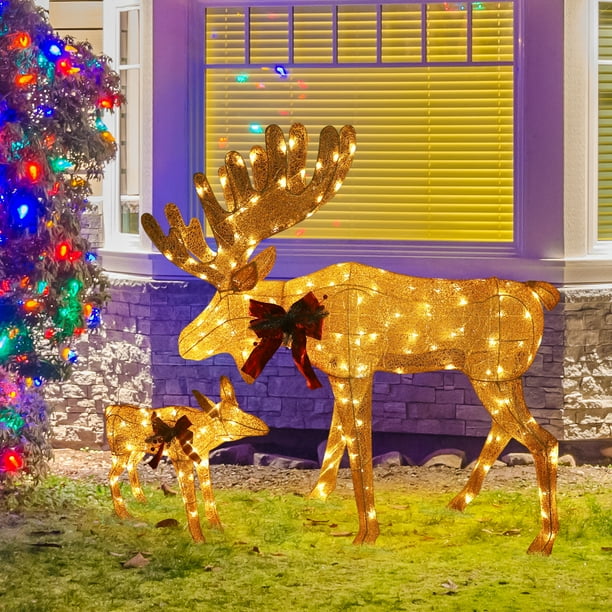 VEIKOUS Lighted Moose Family Outdoor Christmas Decoration for Yard with 190 LED Lights, Stakes