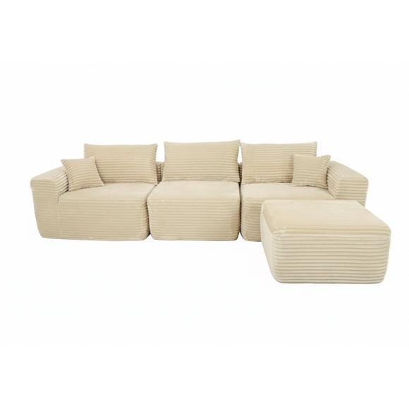 Ilios Innova | Sala Modular Catania de 4 Piezas, Relleno de Espuma, Tela Chenille Acanalada Beige, Diseño Minimalista Configurable con Taburete