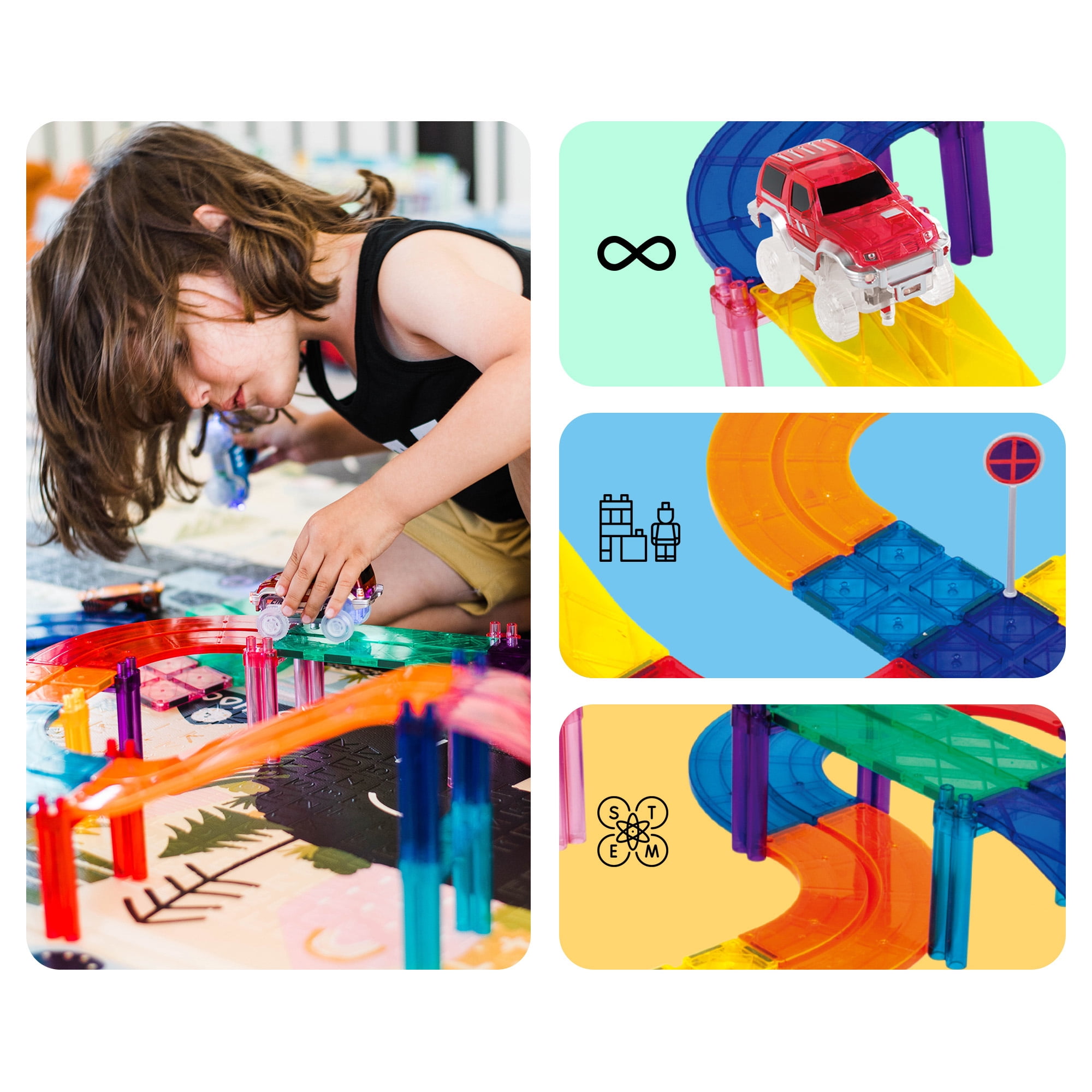 PicassoTiles Race Track Magnetic Tiles for Kids with 2 Racing Cars – 100PCS STEM Construction Building Blocks Educational Toy Set