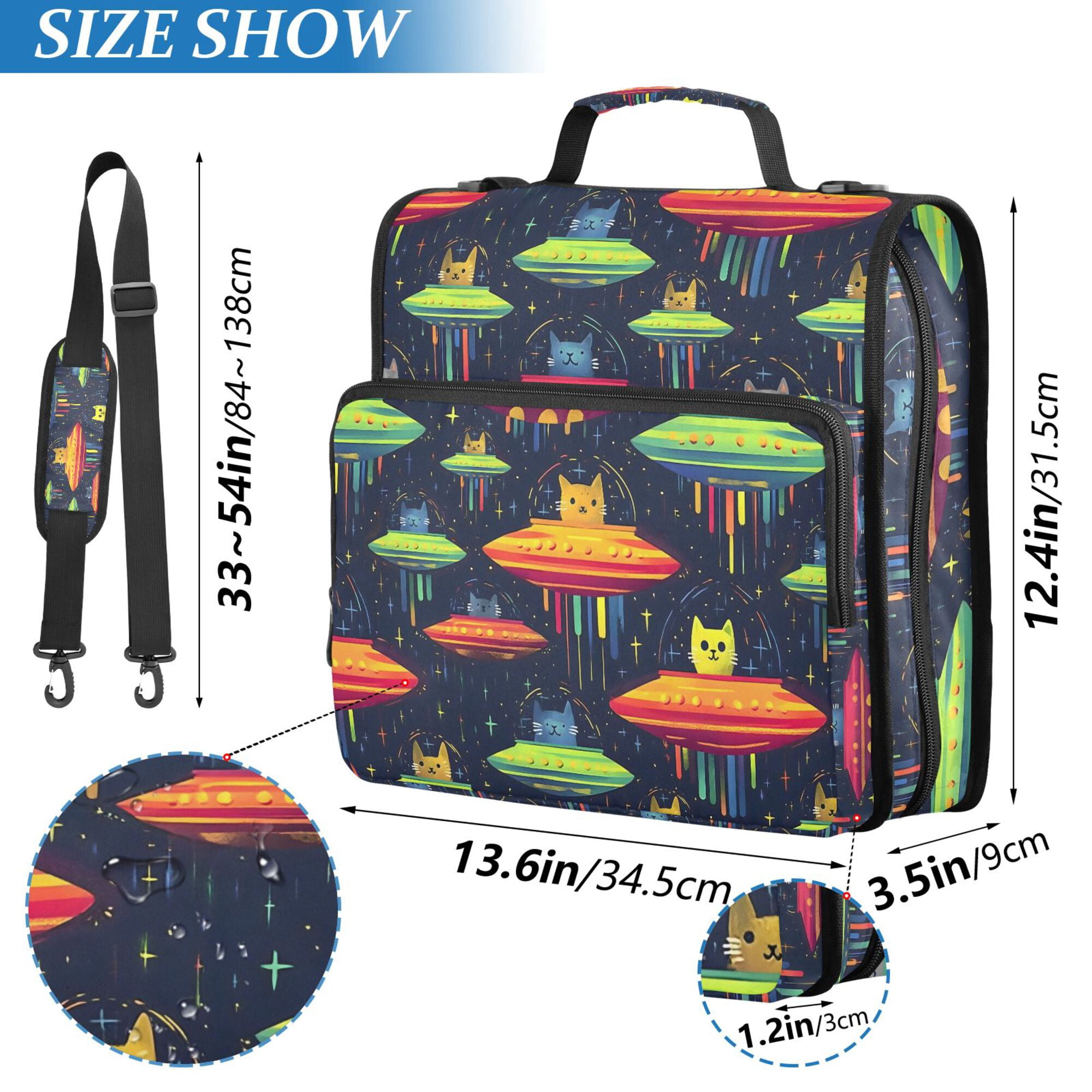 FORMRS Zipper Binder with Shoulder Strap 2-inch Ring 500 Sheet Capacity File Bag, Colorful Space Cat