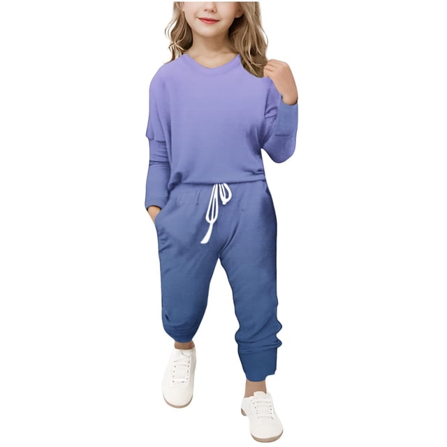 Diufon Girls Athletic Sets Spring Summer Gradient Color Long Sleeve Tops and Drawstring Pants with Pockets