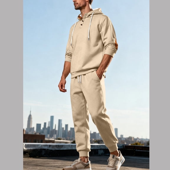 Yusimy Men's Solid Color 2-Piece Jacquard Hoodie Set Button Closure Drawstring Elastic Waist Pants Long Sleeve Casual
